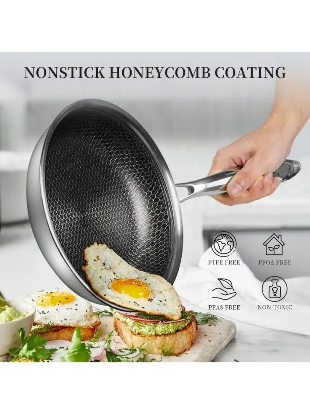Non-Stick Stainless Steel Frying Pan Set with Lid | Honeycomb Coating